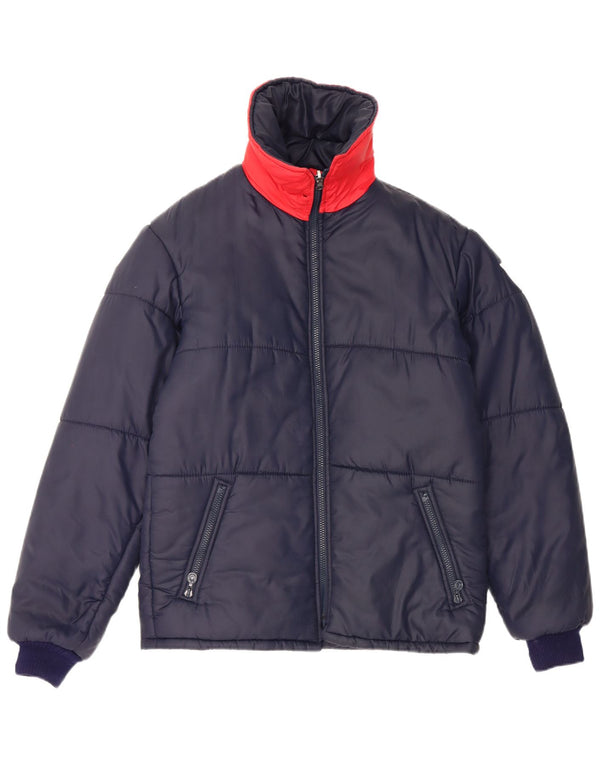 Jaqueta acolchoada reversível masculina vintage UK 38 bloco colorido azul marinho médio