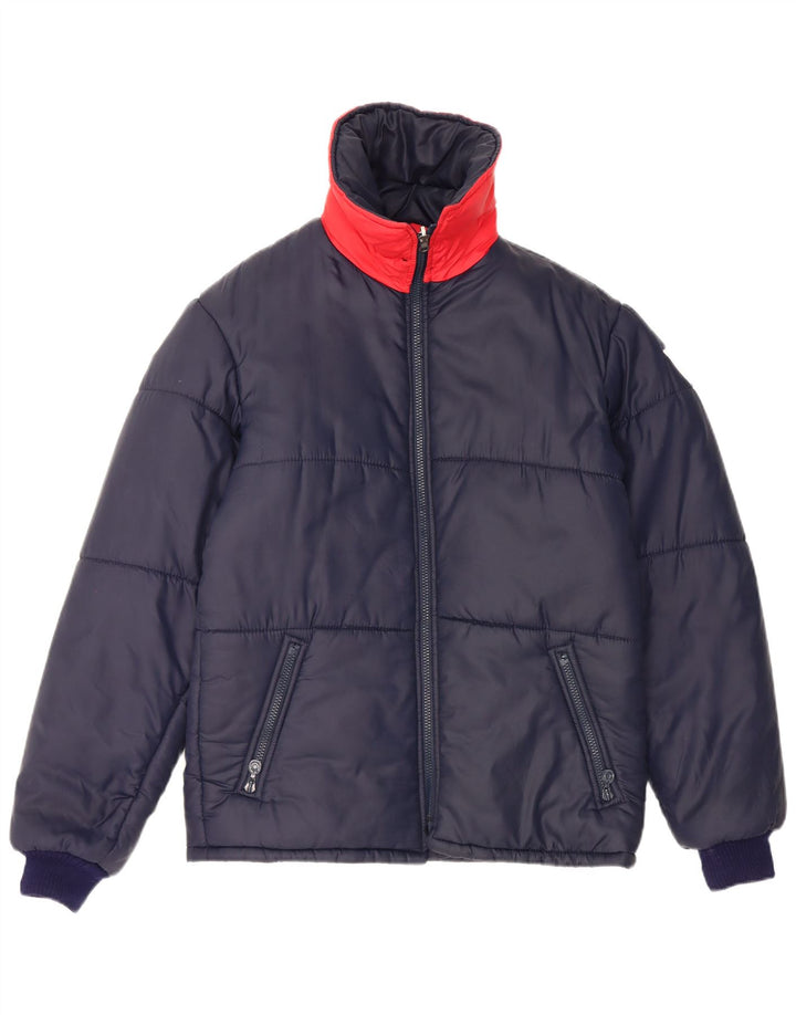Jaqueta acolchoada reversível masculina vintage UK 38 bloco colorido azul marinho médio