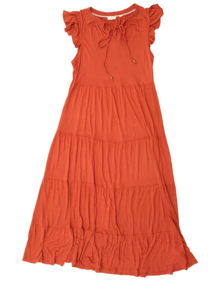 Vestido maxi feminino com babados Fat Face Reino Unido 14 grande viscose laranja