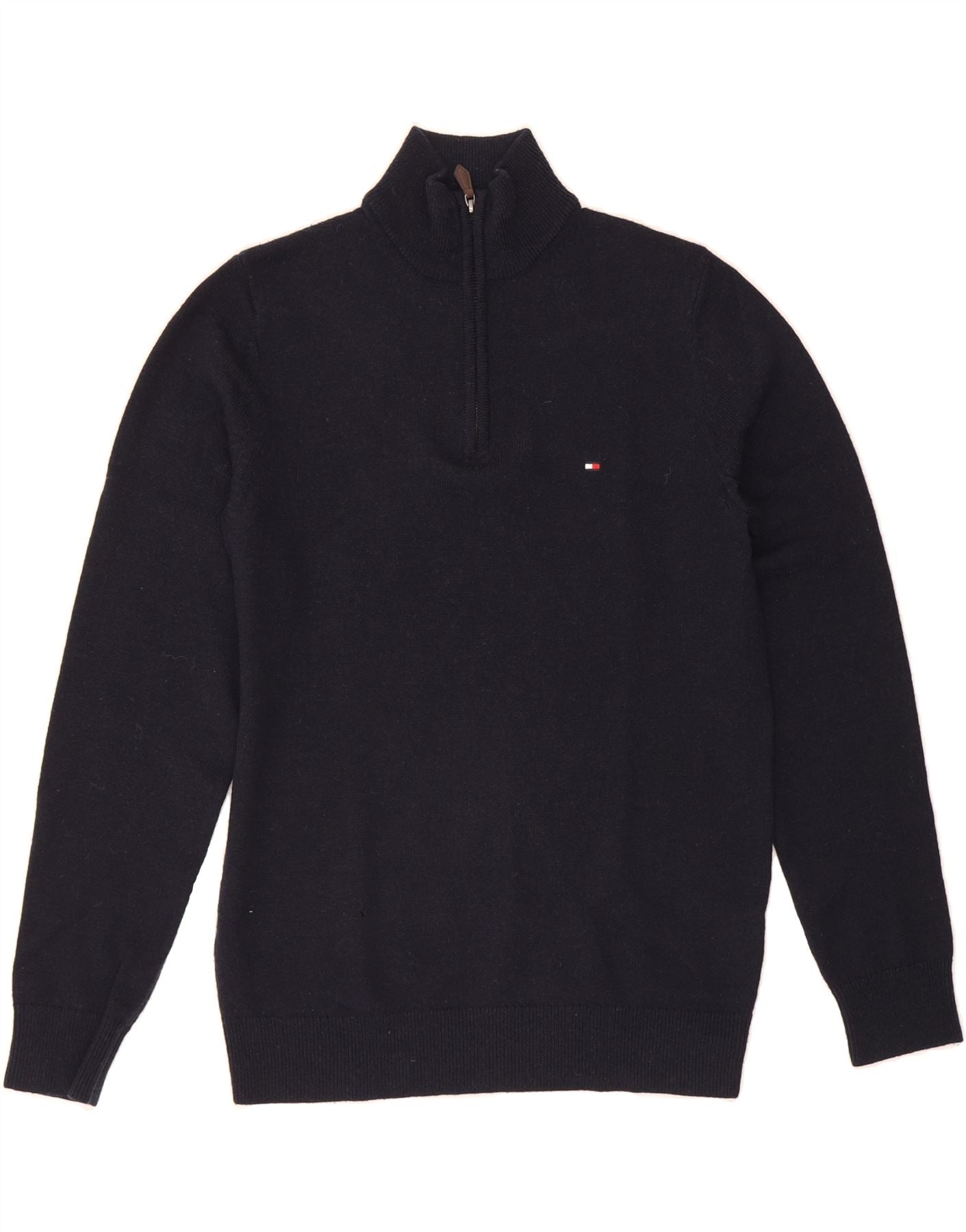 TOMMY HILFIGER Mens Zip Neck Jumper Sweater Small Navy Blue Wool Vintage Tommy Hilfiger and Second-Hand Tommy Hilfiger from Messina Hembry 