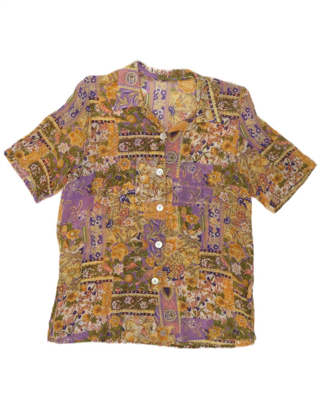 Blusa feminina vintage de manga curta UK 12 média floral multicolorida