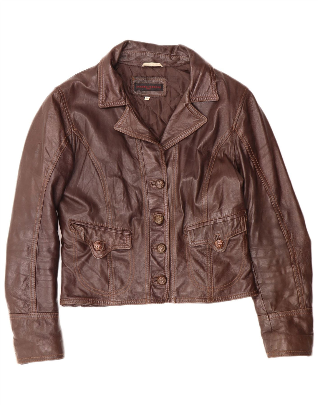 Jaqueta de couro feminina Sandro Ferrone UK 18 XL marrom