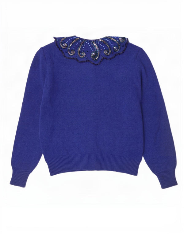 Suéter cardigã feminino vintage IT 44 lã azul médio