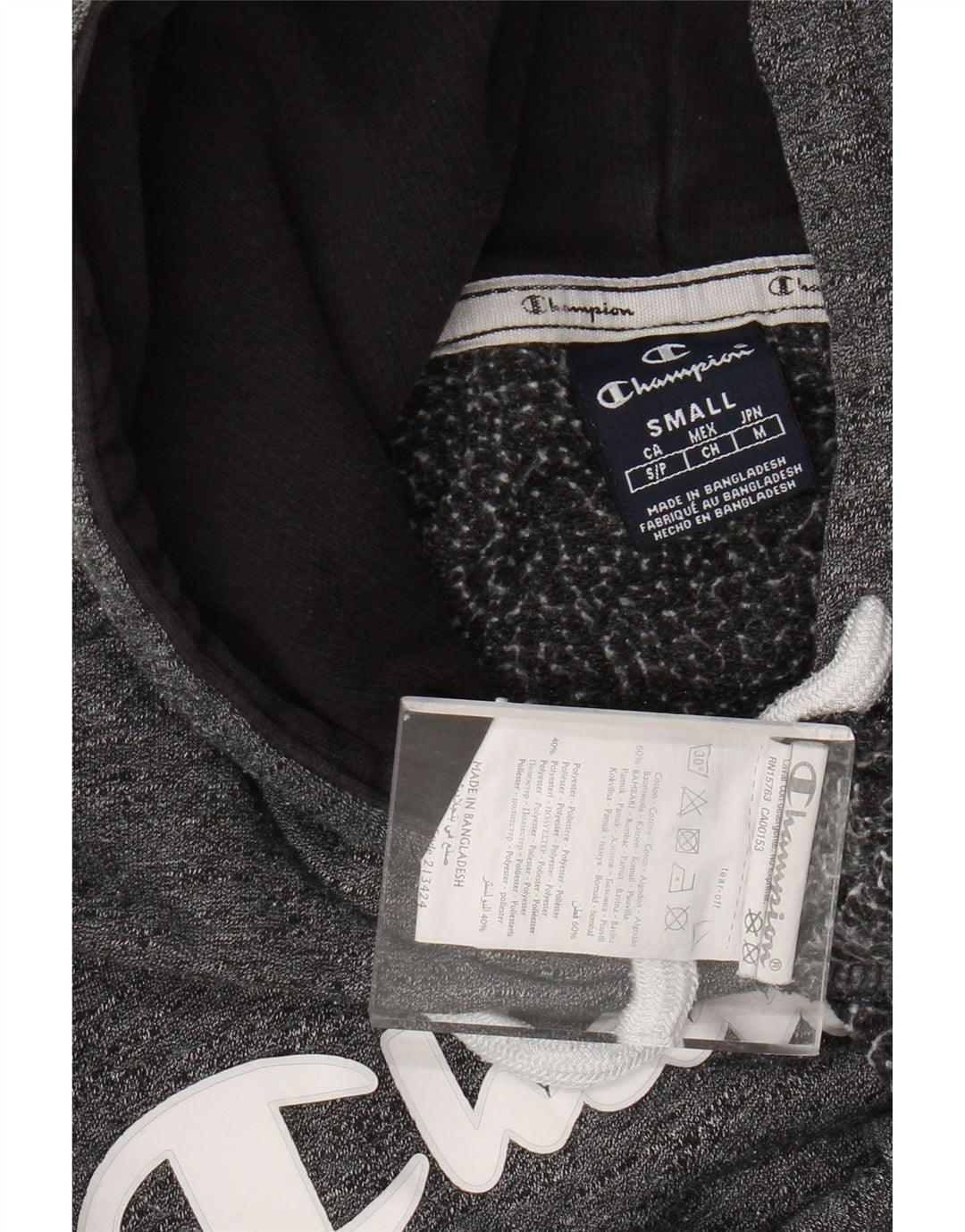 CHAMPION Suéter feminino com capuz gráfico grande tamanho UK 10 pequeno cinza manchado