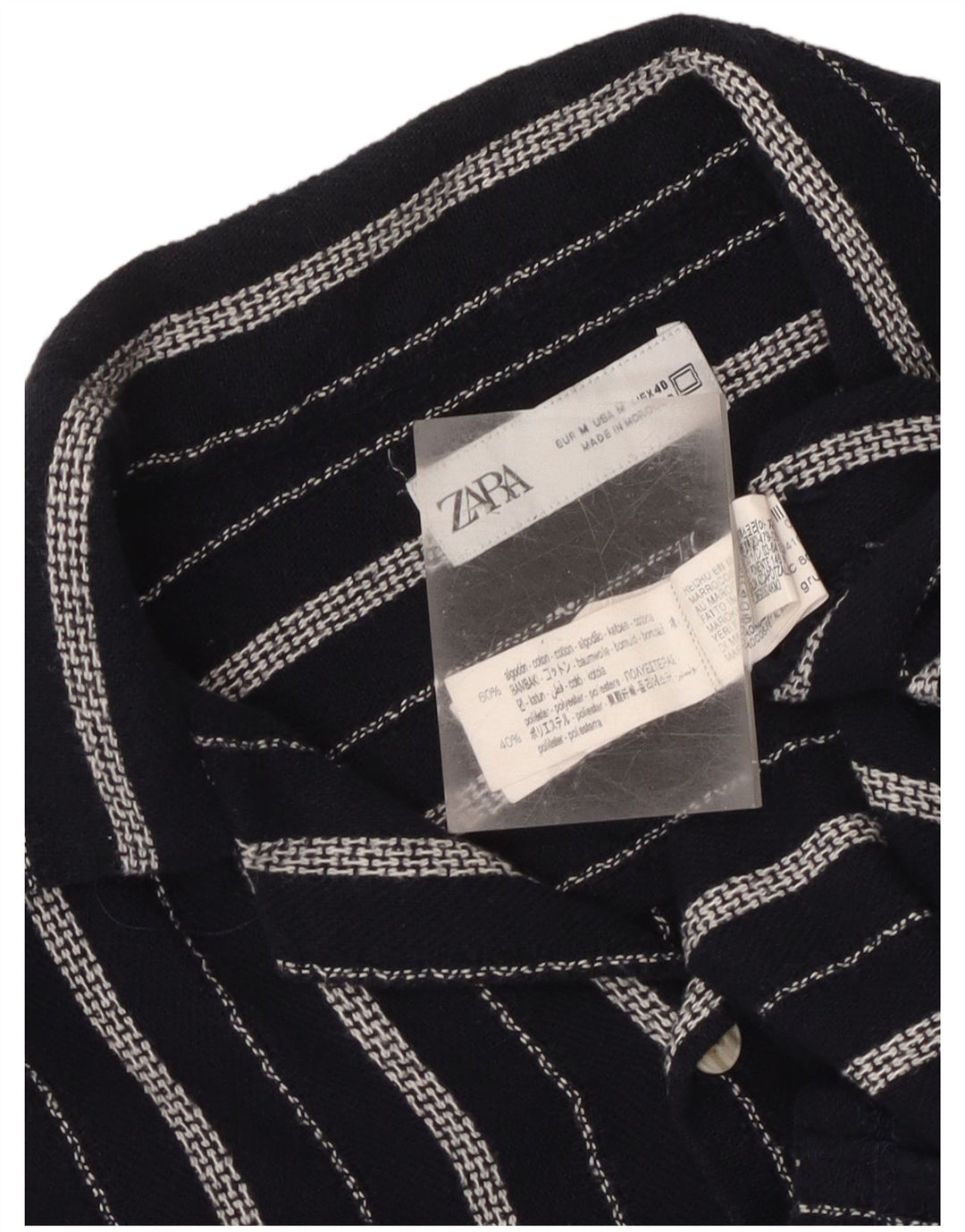 Zara Camisa masculina de manga curta médio azul marinho listrado algodão