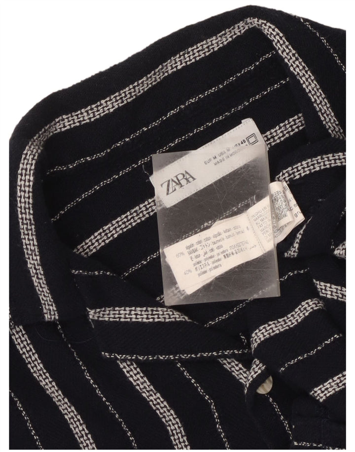 Zara Camisa masculina de manga curta médio azul marinho listrado algodão