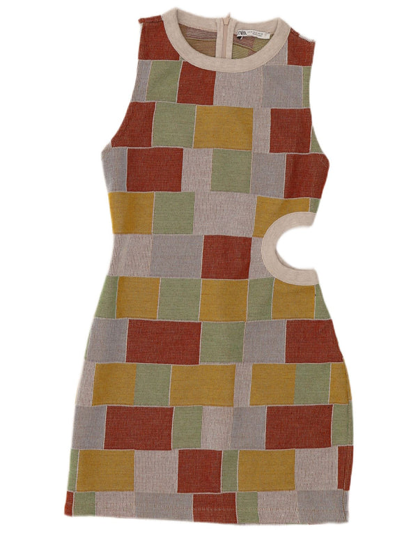 Vestido bodycon feminino sem mangas Zara Reino Unido 12 médio multicolorido geométrico