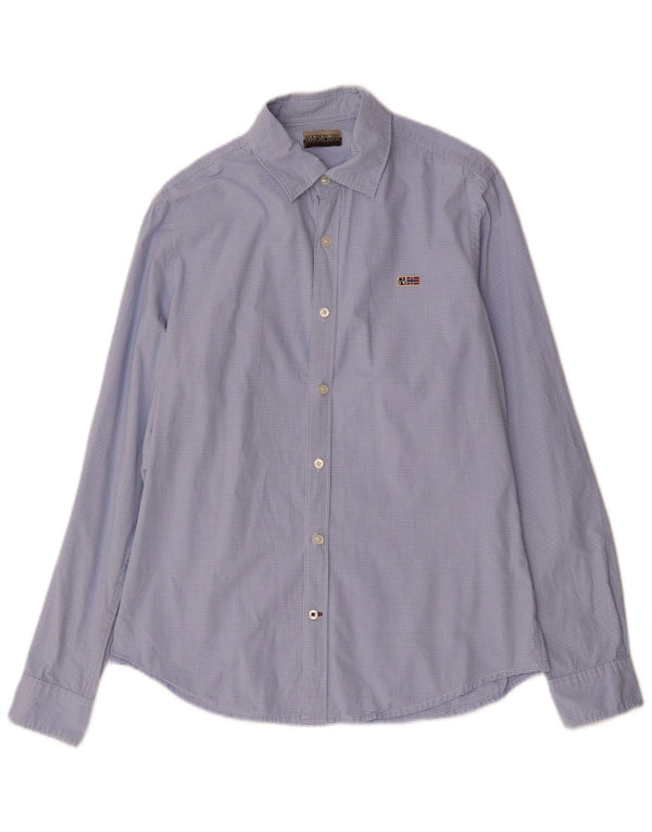 Camisa geográfica masculina Napapijri algodão guingão azul médio