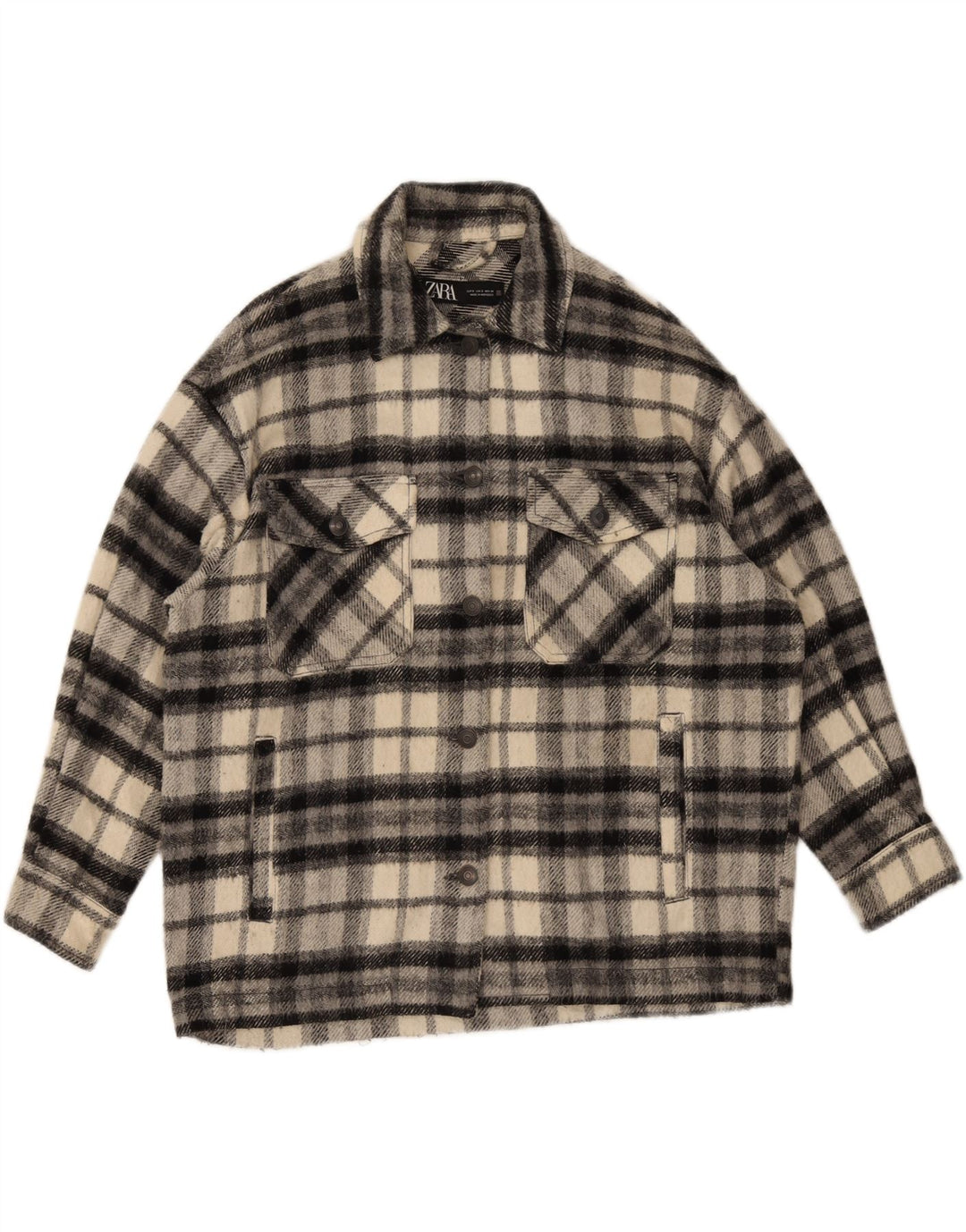 Camisa feminina oversized de flanela Zara Reino Unido 10 pequena xadrez preta