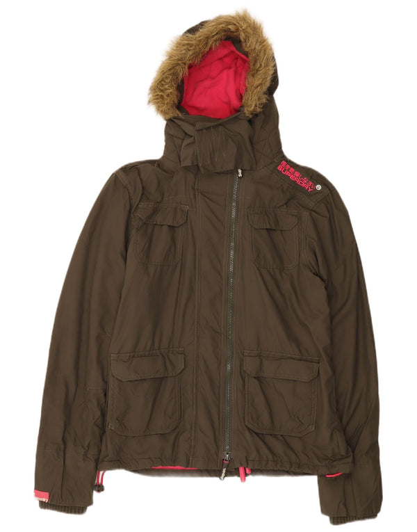 Jaqueta corta-vento feminina Superdry com capuz UK 16 grande nylon cáqui