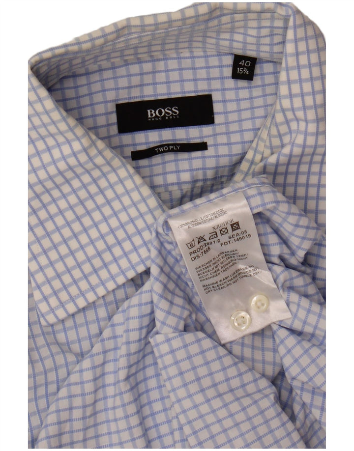 Camisa masculina Hugo Boss tamanho 40 15 3/4 algodão guingão azul médio