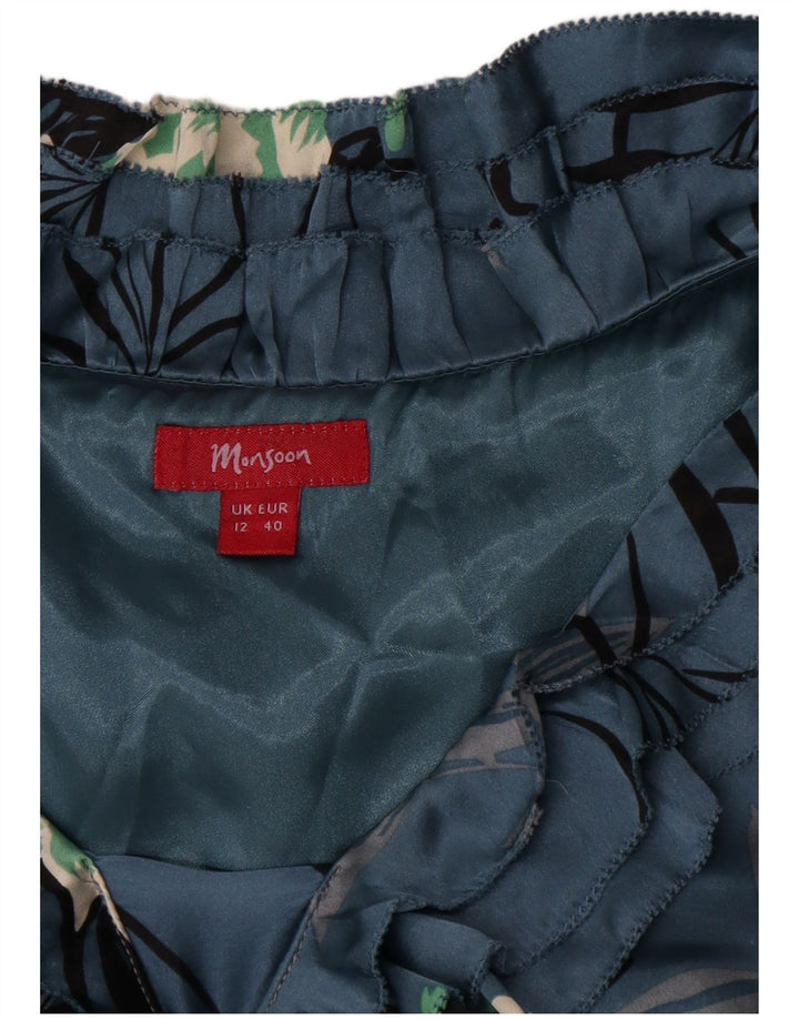 Vestido feminino Monsoon com babados na frente evasê UK 12 seda floral azul médio