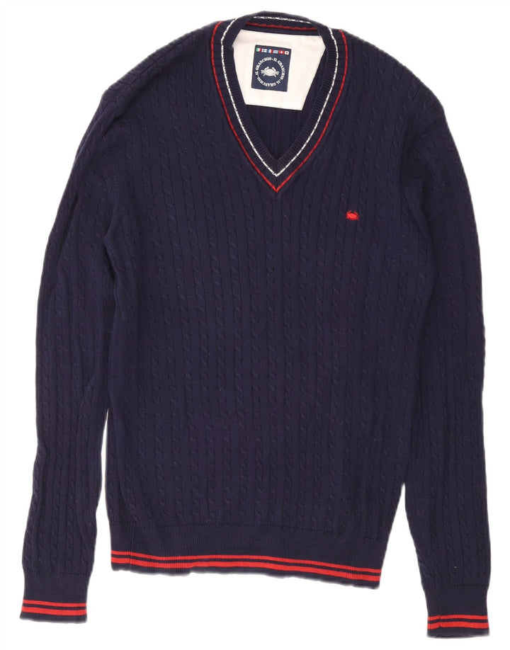 IL GRANCHIO Mens V-Neck Jumper Sweater Large Navy Blue Cotton
