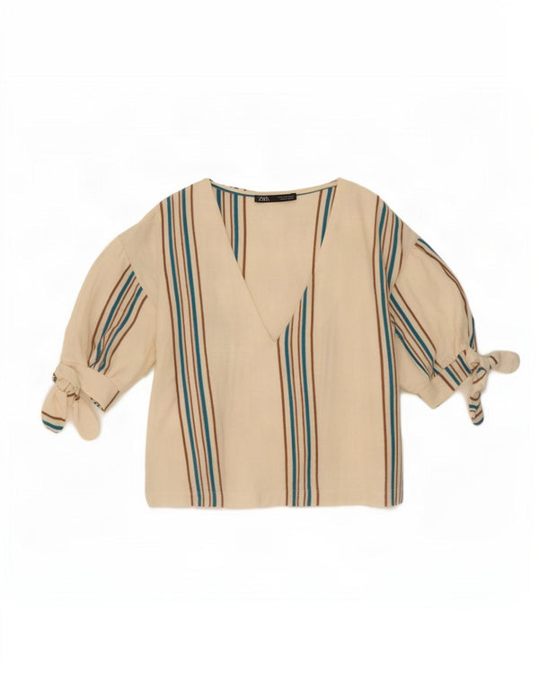 Blusa feminina Zara Top UK 10 pequeno algodão listrado branco