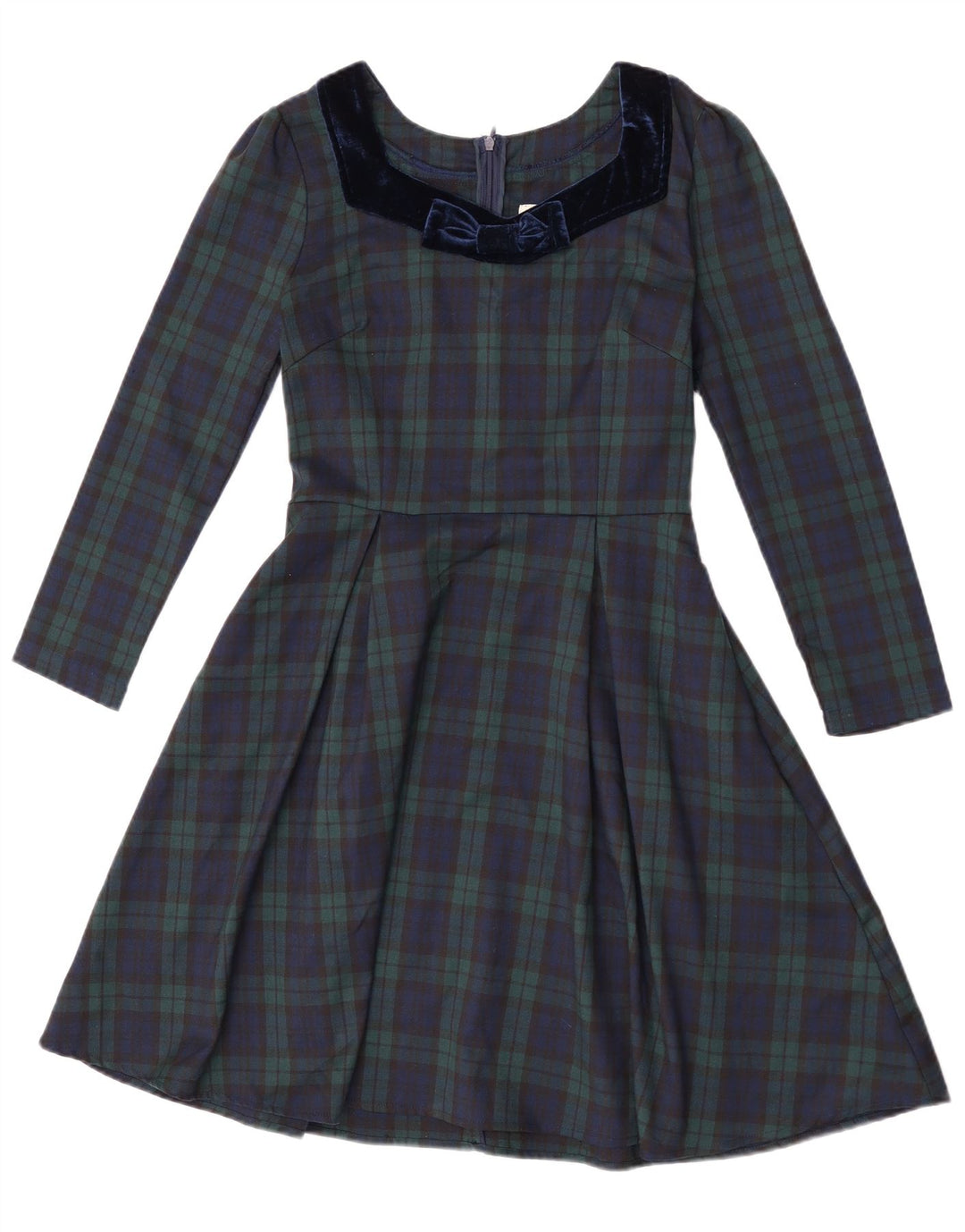 Vestido feminino Joanie manga comprida evasê Reino Unido 8 pequeno poliéster xadrez verde
