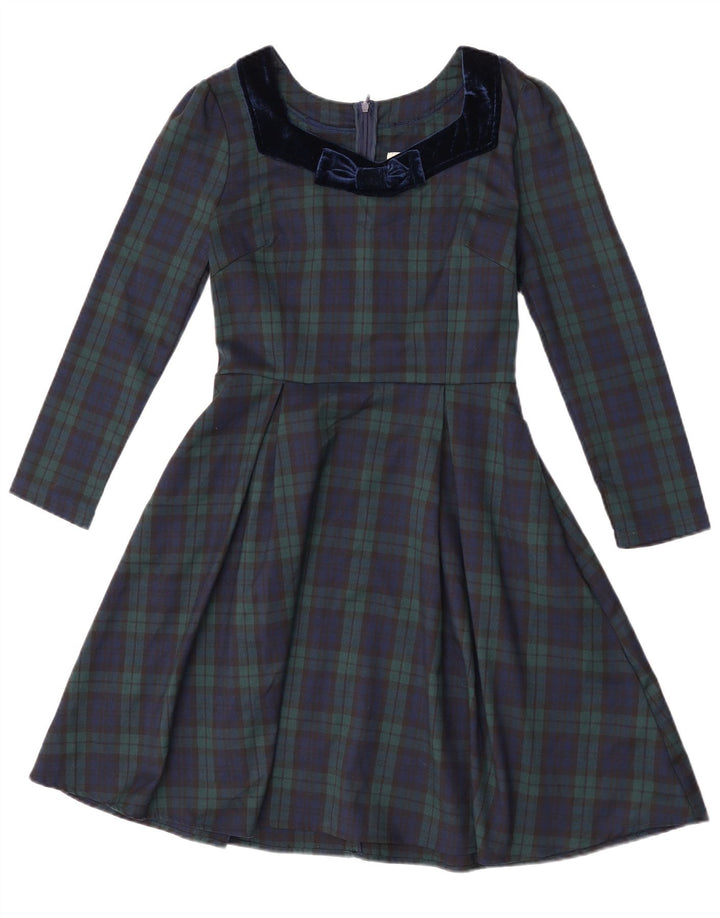 Vestido feminino Joanie manga comprida evasê Reino Unido 8 pequeno poliéster xadrez verde