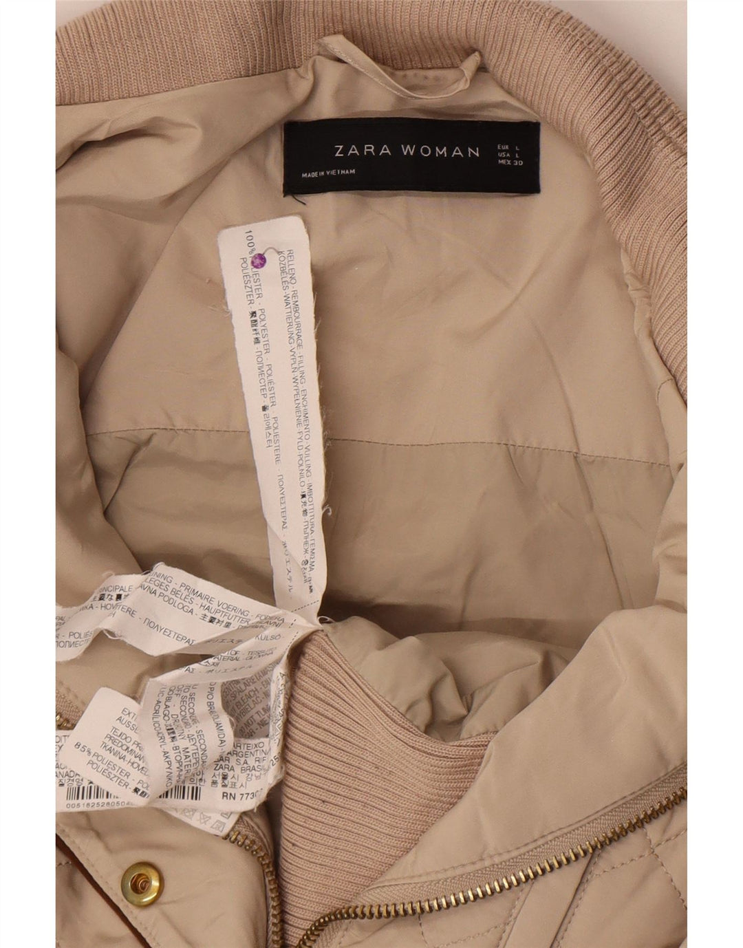 Jaqueta acolchoada feminina Zara UK 14 grande poliéster bege