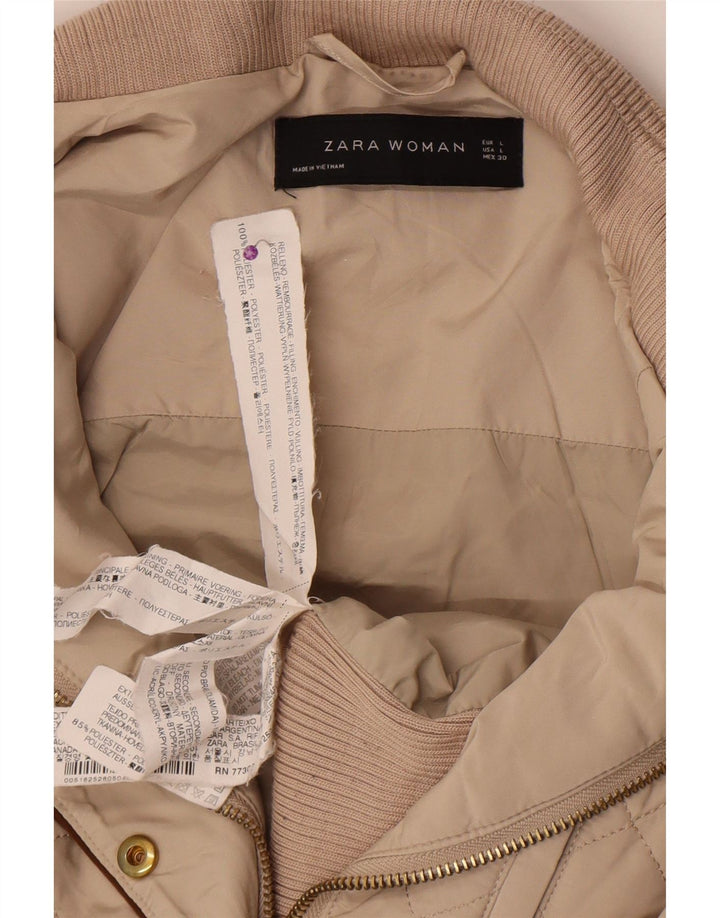 Jaqueta acolchoada feminina Zara UK 14 grande poliéster bege