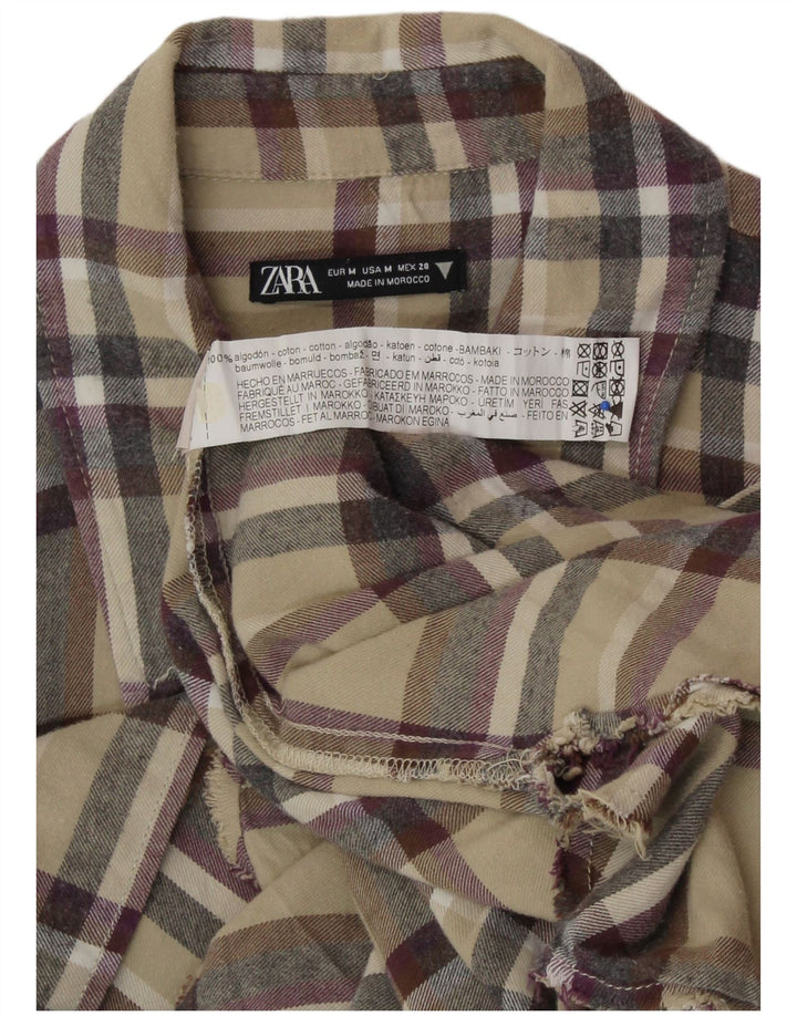 Camisa feminina de flanela grande ZARA Reino Unido 14 algodão xadrez bege médio