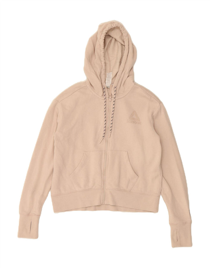 REEBOK Womens Oversized Zip Hoodie Sweater UK 6 XS Beige Cotton Vintage Reebok and Second-Hand Reebok from Messina Hembry 