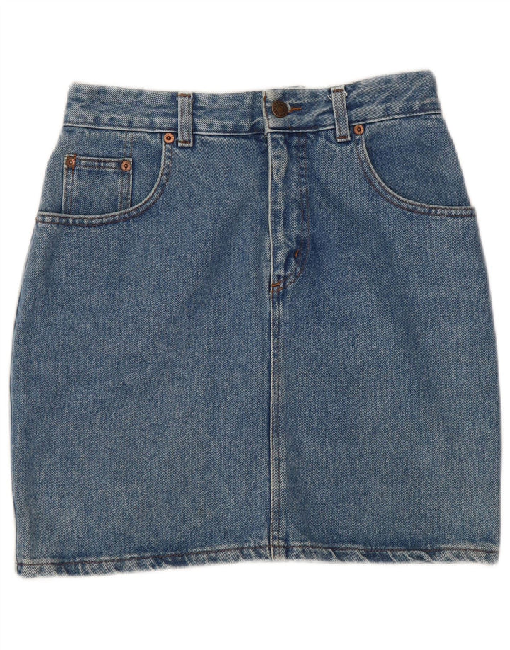 Saia jeans feminina uniforme W28 algodão azul médio