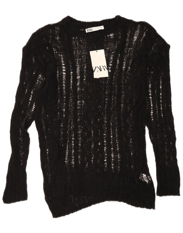 Suéter feminino Zara transparente com gola redonda grande Reino Unido 6 XS preto