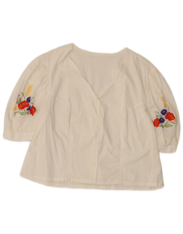 Blusa feminina vintage de manga curta UK 14 grande floral branco