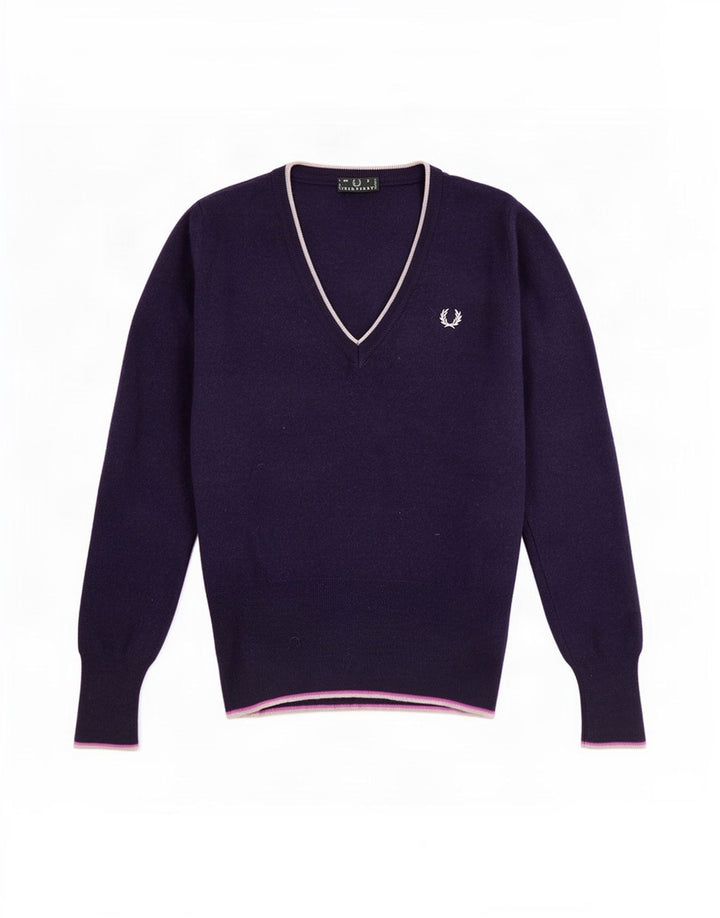 Suéter feminino Fred Perry com decote em V Reino Unido 8 pequeno lã azul marinho