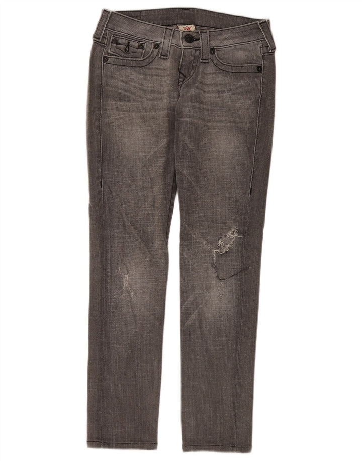 True Religion Calça jeans feminina desgastada slim W26 L29 algodão cinza