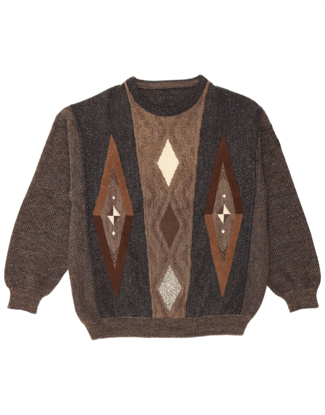 Suéter masculino VINTAGE com gola redonda IT 50 grande lã geométrica marrom
