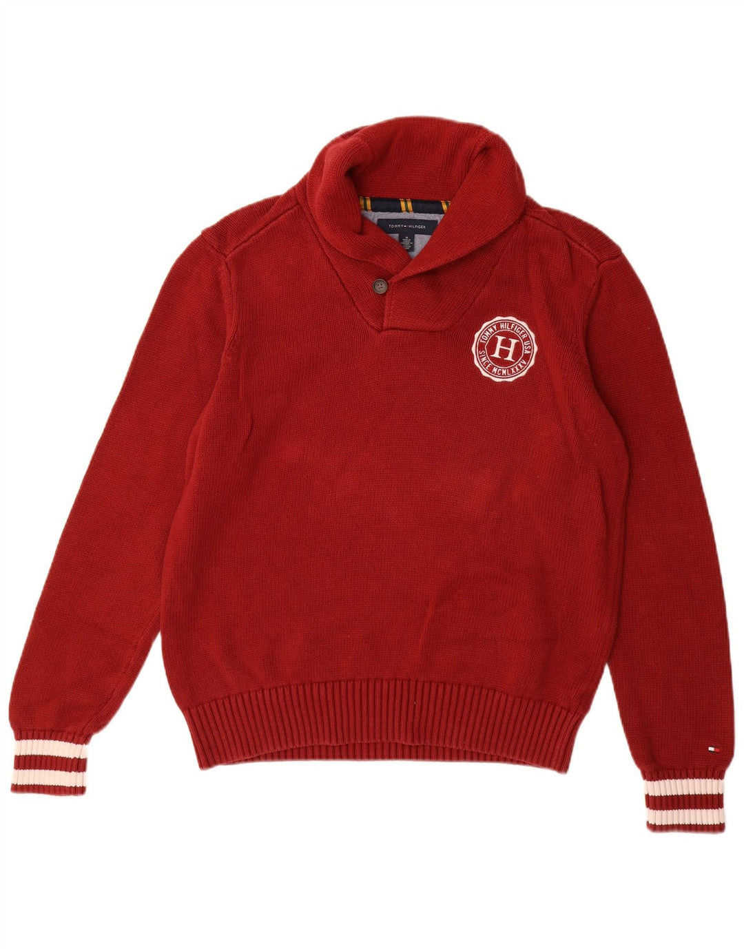 TOMMY HILFIGER Mens Shawl Neck Jumper Sweater Medium Red Cotton