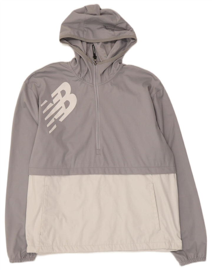 Suéter com capuz gráfico masculino New Balance grande cinza colorblock poliéster