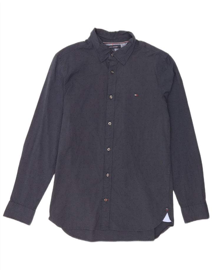 Camisa masculina Tommy Hilfiger Slim Fit médio algodão manchado azul marinho