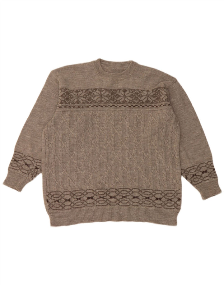 Suéter masculino vintage com gola redonda grande cinza Fair Isle