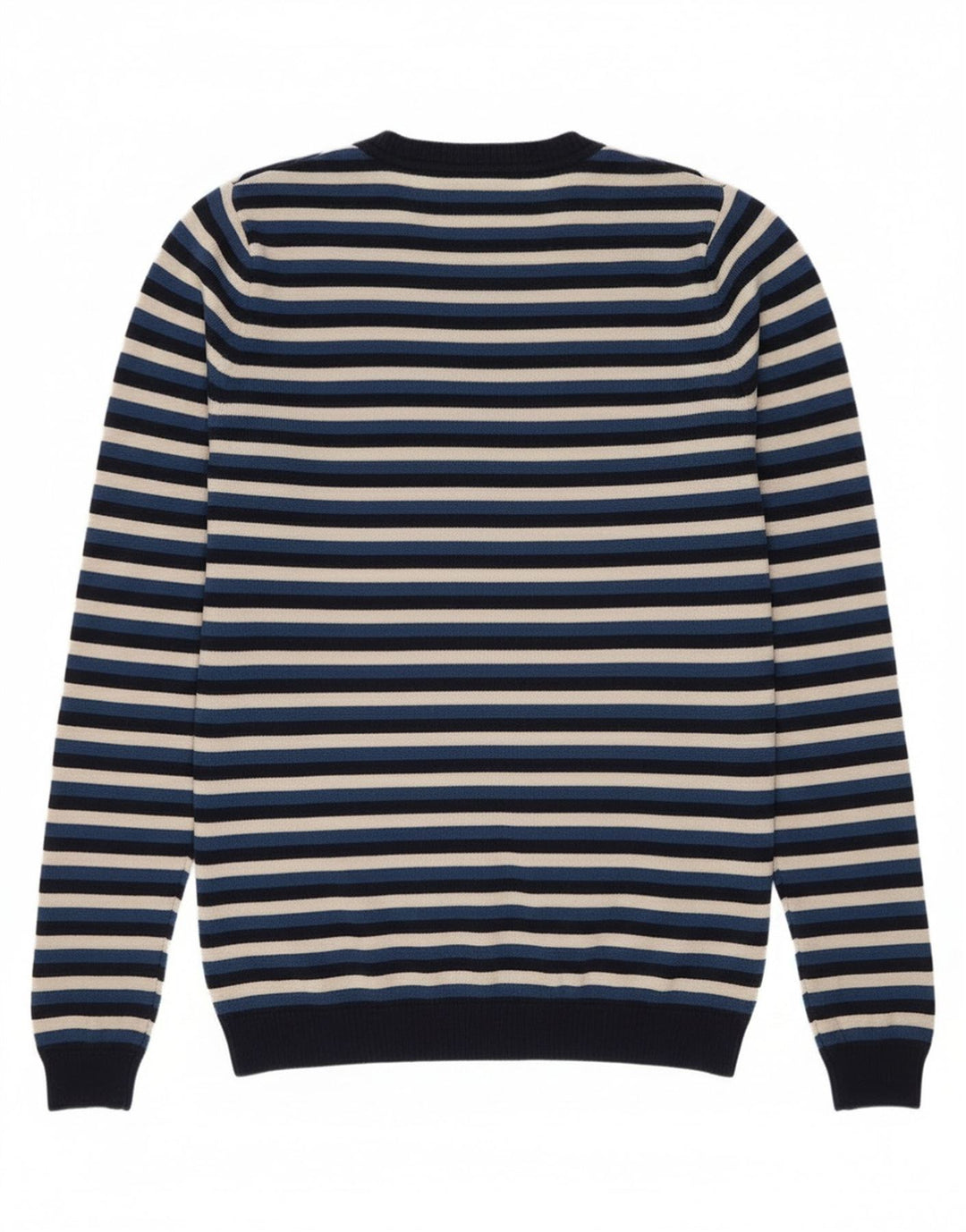 Suéter feminino Lacoste com decote em V tamanho 38 lã listrada azul marinho médio