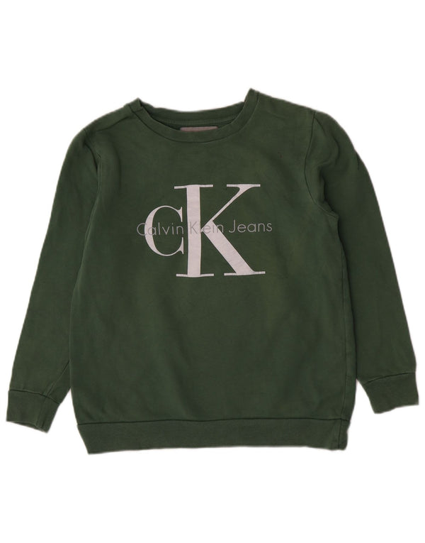 Calvin Klein Jeans feminino moletom gráfico jumper UK 6 XS algodão verde