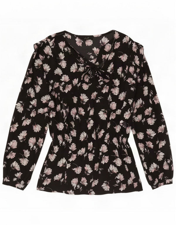 Blusa feminina vintage de manga comprida com gravata frontal UK 16 grande floral preto
