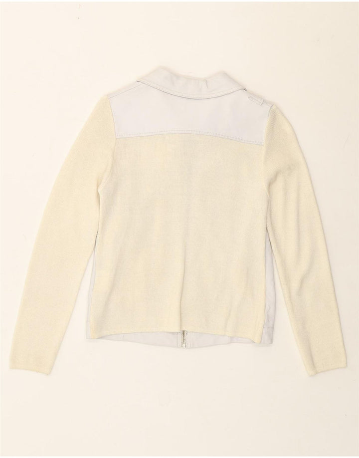 Jaqueta de motociclista feminina vintage Reino Unido 8 pequeno acrílico colorido off white