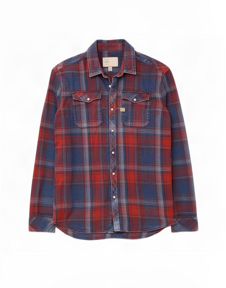 Camisa masculina G-Star de algodão xadrez azul médio