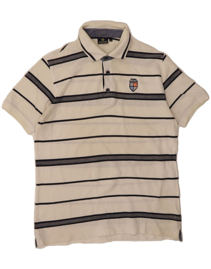 NAVIGARE Mens Polo Shirt 2XL White Striped Cotton Vintage Navigare and Second-Hand Navigare from Messina Hembry 