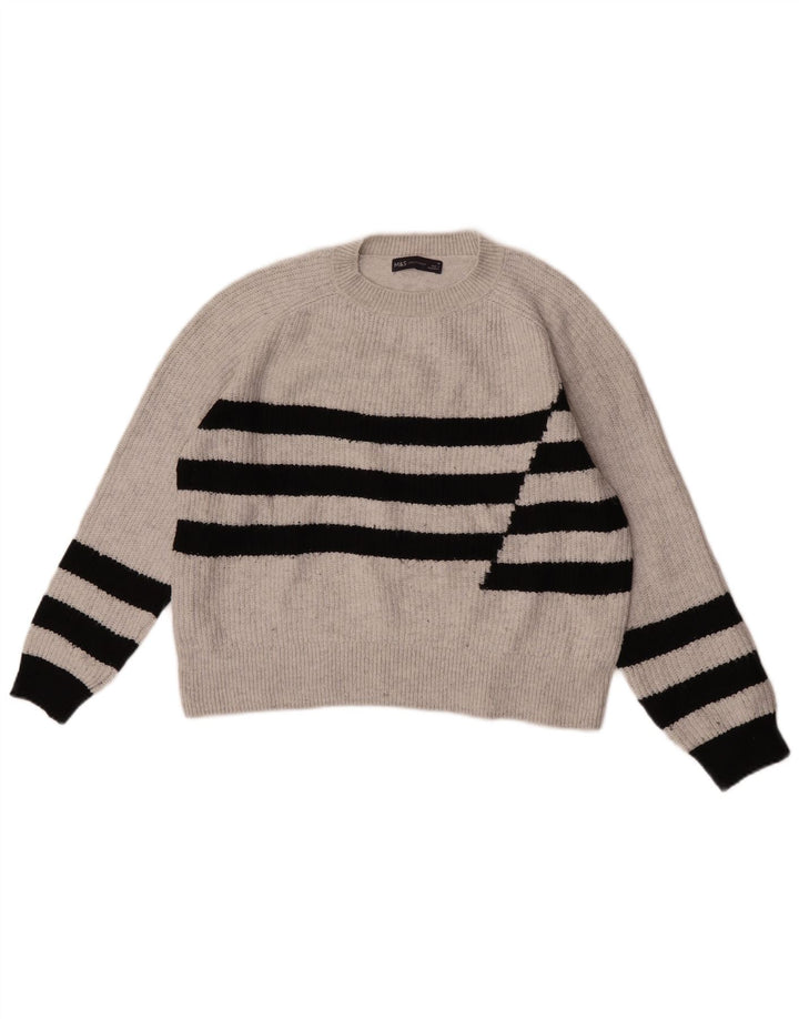 Suéter feminino Marks & Spencer com gola redonda UK 14 listrado cinza médio