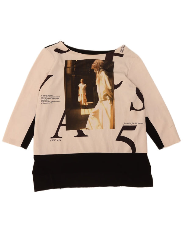 Zara Top gráfico feminino manga 3/4 Reino Unido 16 grande bloco colorido branco