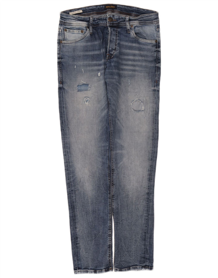 Jack & Jones Mens GLENN Distressed Slim Jeans W32 L32 Azul Algodão