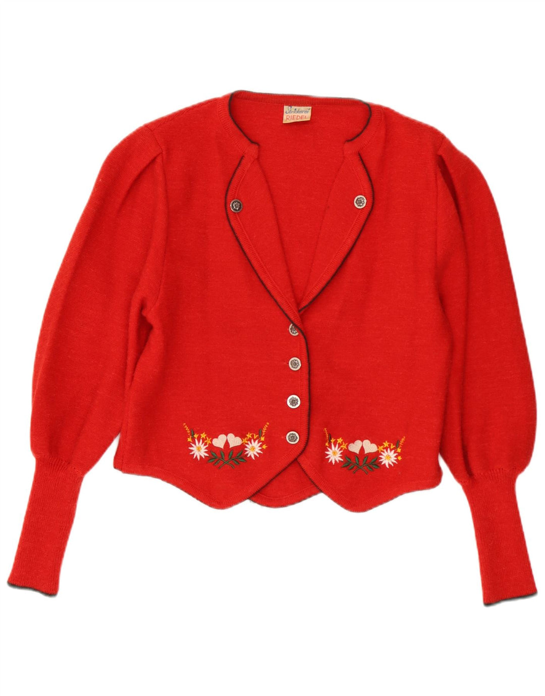 Suéter cardigã feminino vintage UE 42 grande lã floral vermelha
