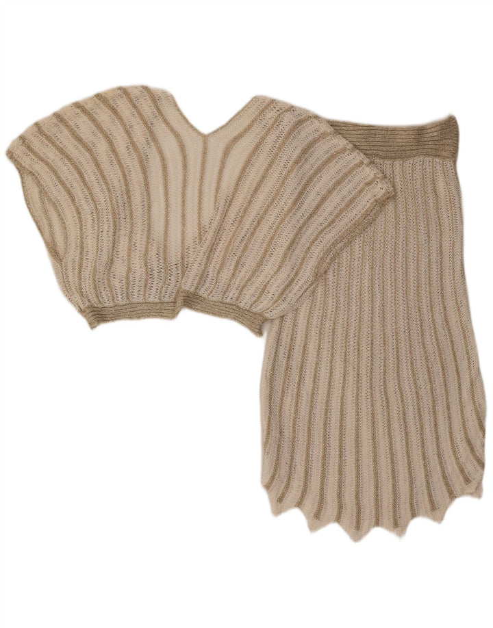 Conjunto de saia feminina vintage de 2 peças Reino Unido 8 pequeno W26 acrílico listrado bege