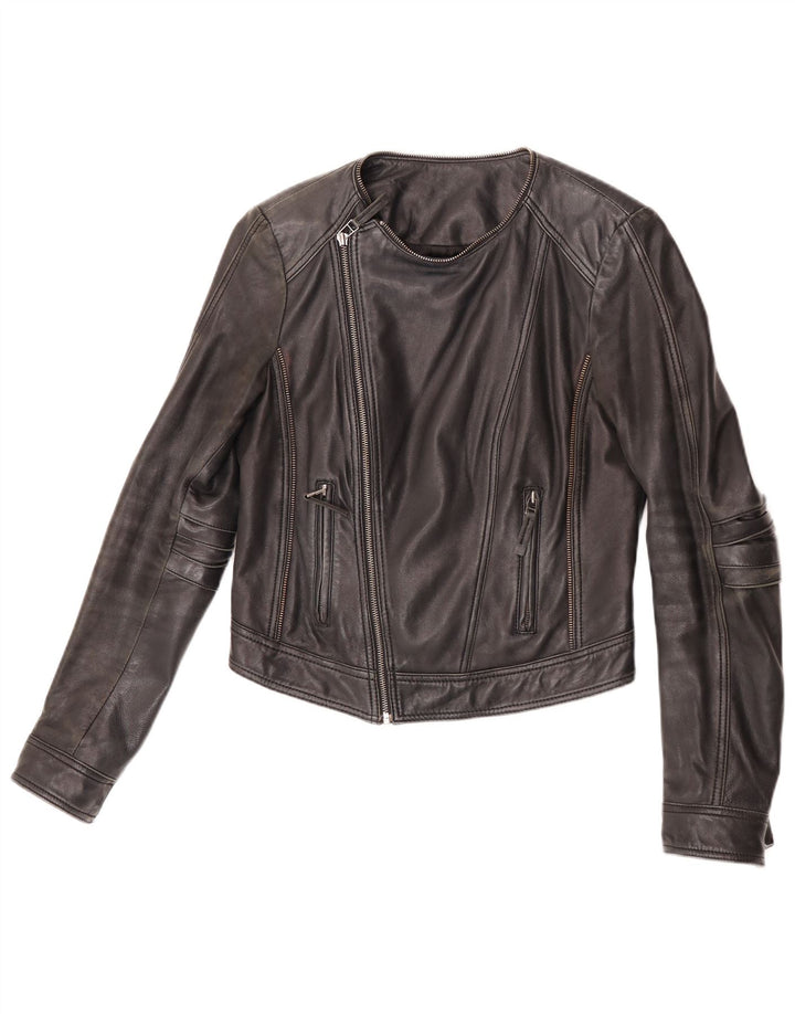 Jaqueta de couro Max Womens Crop Biker UK 12 couro preto médio
