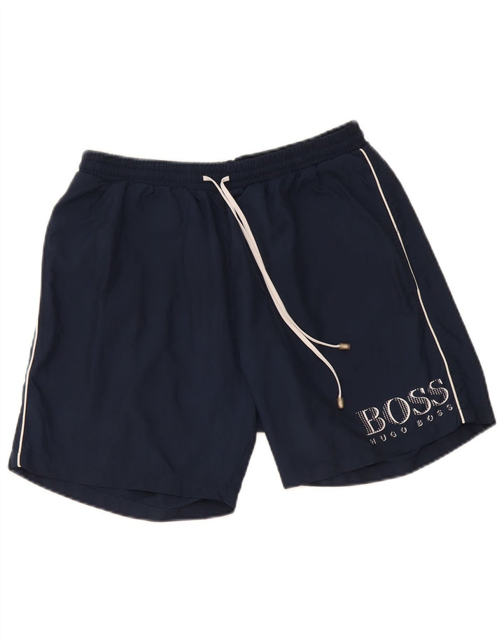 Hugo Boss Mens Graphic Sport Shorts Médio Azul Marinho Poliéster