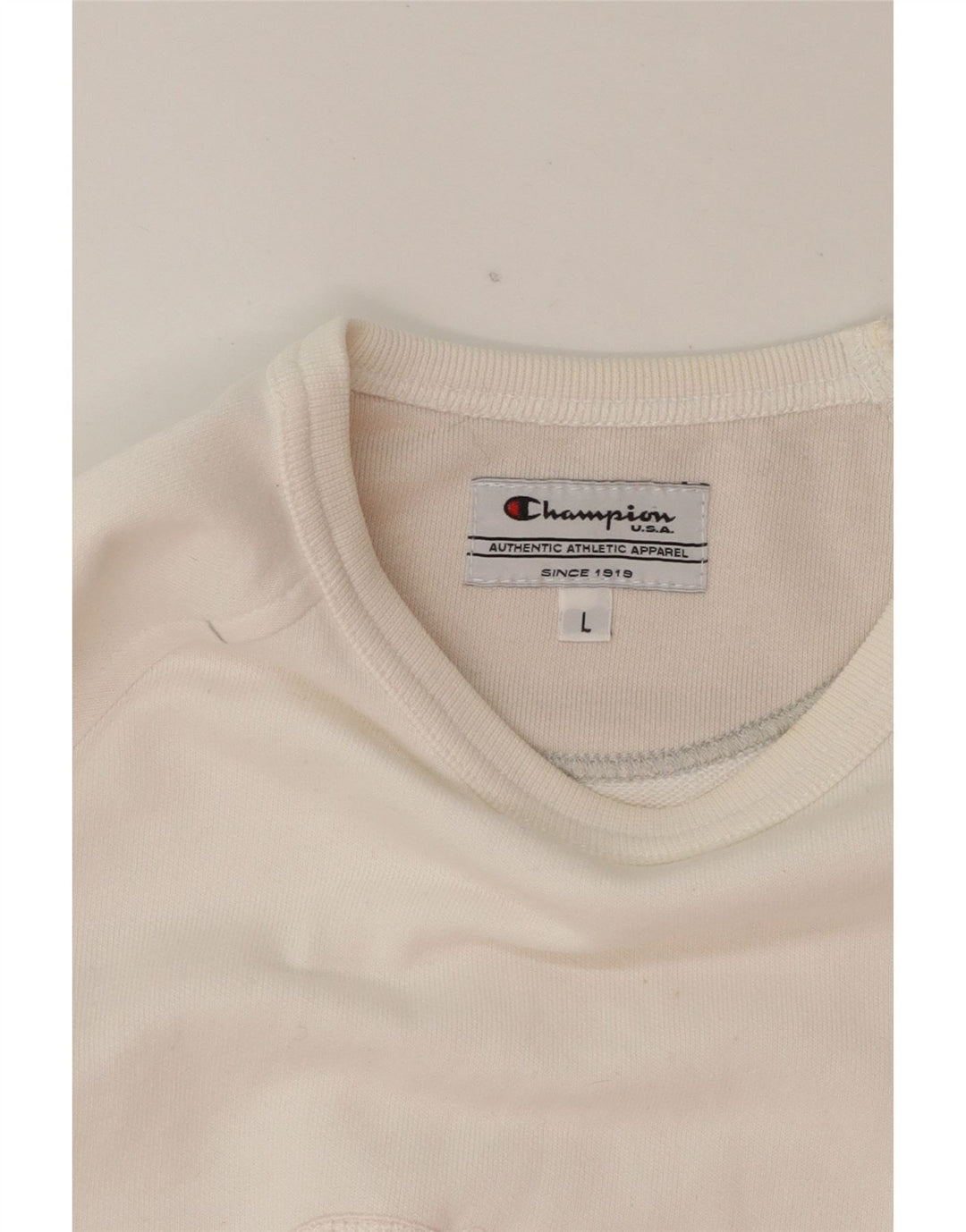 CHAMPION Mens Graphic Sweatshirt Jumper Large White Cotton Vintage Champion and Second-Hand Champion from Messina Hembry 