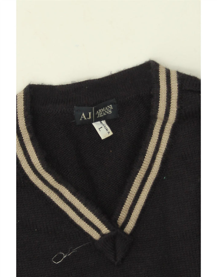 Suéter masculino Armani Jeans com decote em V grande lã azul marinho