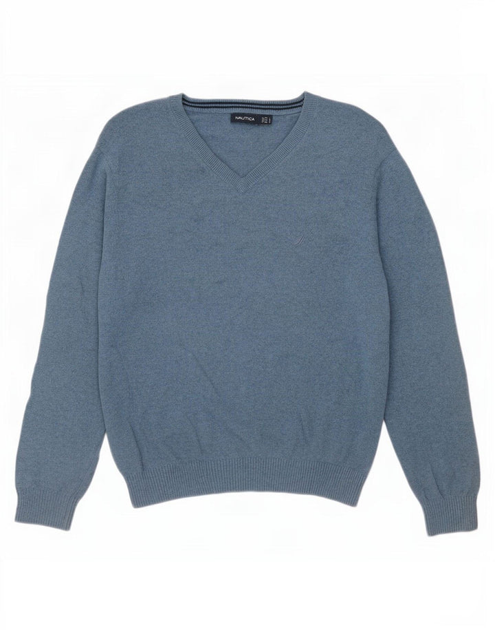 Suéter masculino Nautica com decote em V grande algodão azul